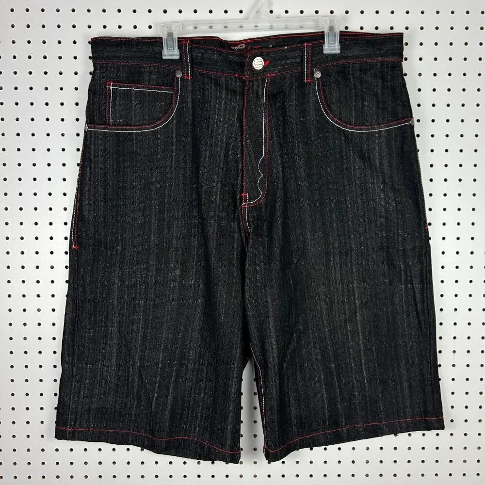 Evolution in‎ Design Black Gothic Skate Shorts 40 Red Stitched Pocket Y2K Punk